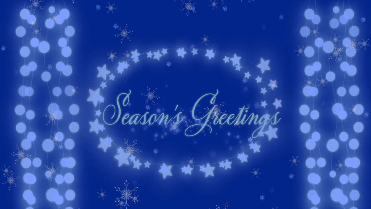 계절에 따라 떨어지는 눈알의 애니메이션 청색 배경에 인사 문자 및 요정 불빛