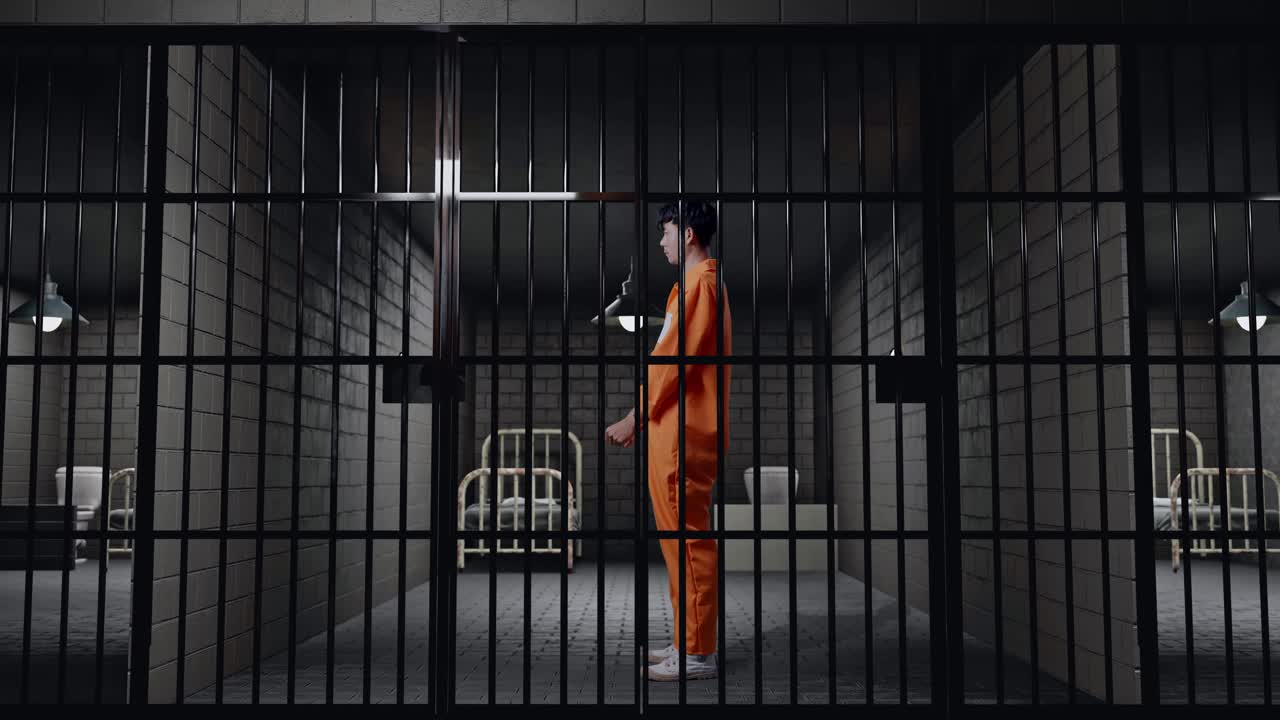 Full Body Side View Of Asian Male Prisoner In Handcuffs Standing In Prison, Raising Head And Looking In Anger