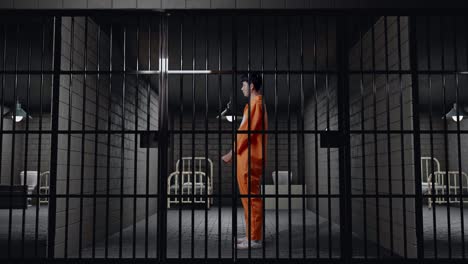 full body side view of asian male prisoner in handcuffs standing in prison, raising head and looking in anger