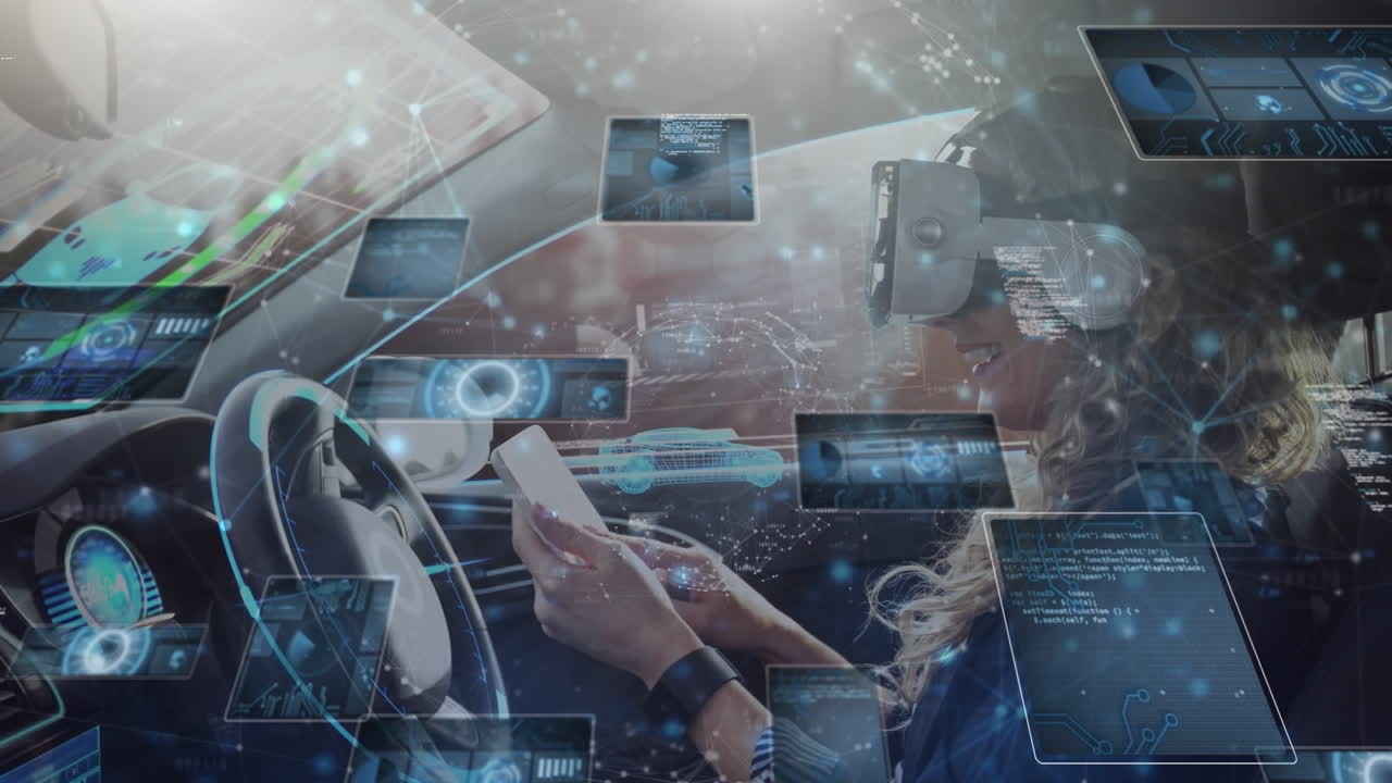 animación del procesamiento de datos financieros sobre mujer caucásica en el coche