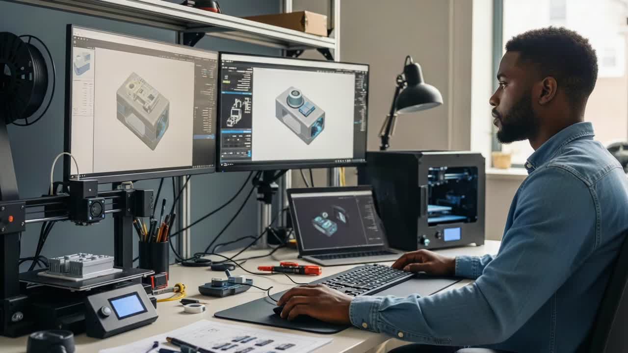 Professional Designer Engages in High-Tech 3D Modeling and Prototyping with Advanced Software Tools in Modern Workspace Environment