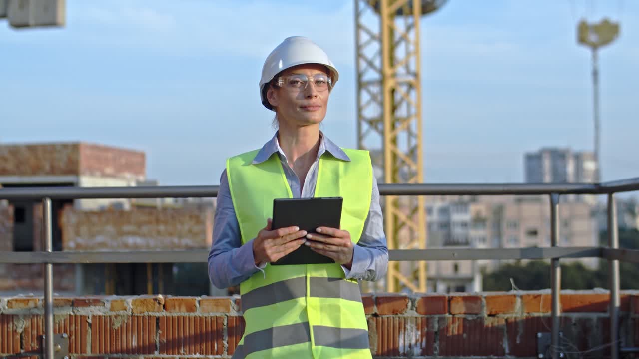 Portrait shot of the young Caucasian pretty blond woman constructor or foreman in hardhat and goggles with tablet device in hands turning face to the camera and smiling cheerfully at the building site.