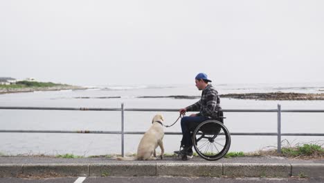 Hombre-En-Silla-De-Ruedas-Mirando-El-Mar-Con-Su-Perro