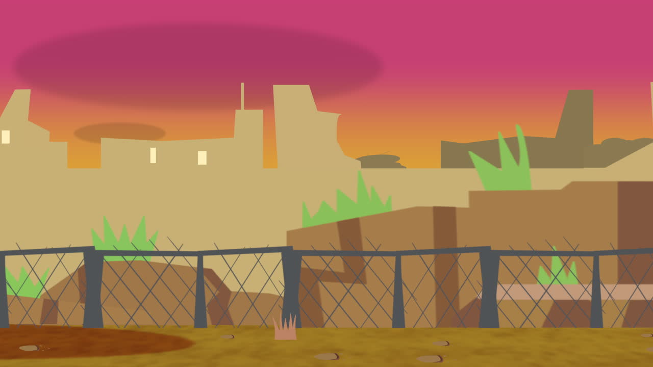 Cartoon animation background with sunset and buildings abstract backdrop
