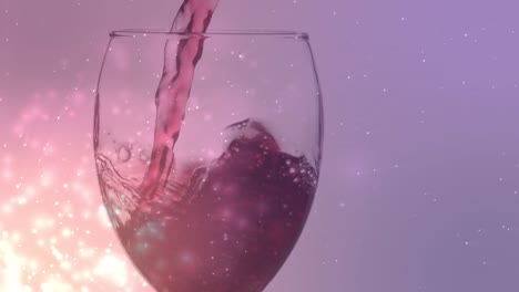 Animation-of-lights-over-rose-wine-pouring-into-glass-on-violet-background