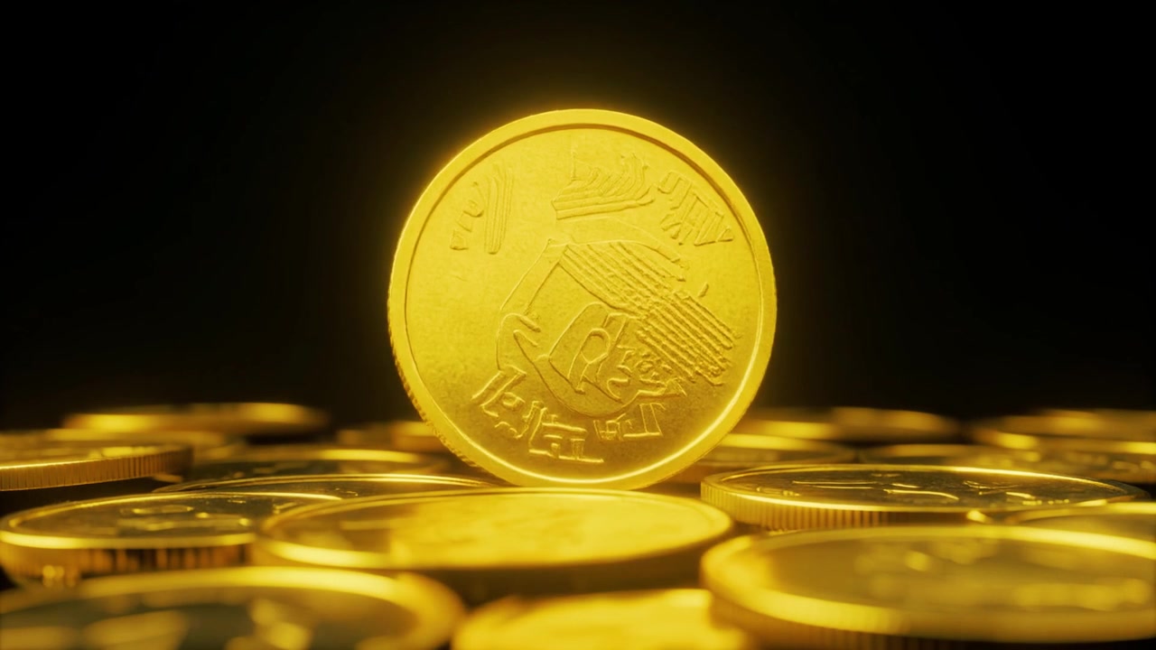 Single Gold Coin Spinning on a Pile of Coins