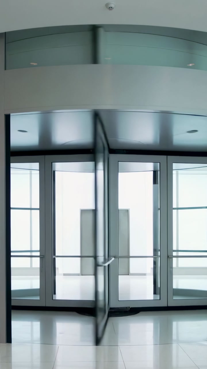 Vertical video: Rotating glass entrance door responding to ceiling sensor, moving panels in lobby