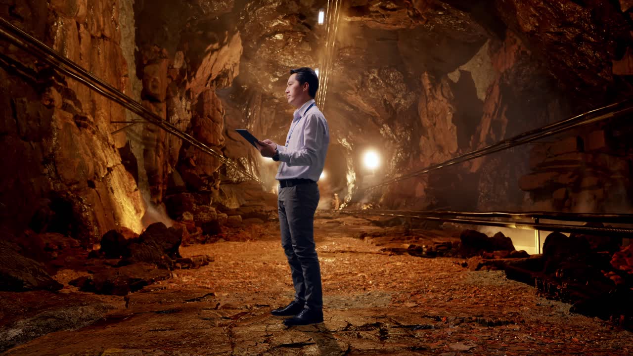 Full Body Side View Of Asian Male Professional Worker Standing With His Tablet In Underground Mine Tunnel, He Observes By Looking Around Before He Come To Concentrating With His Tablet