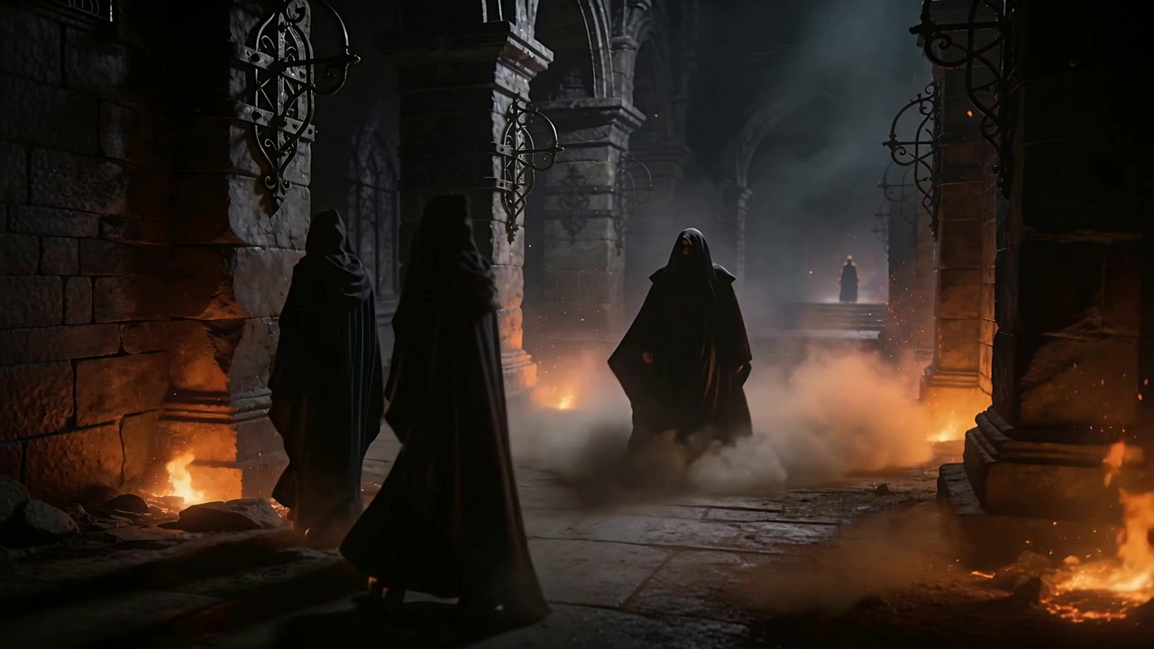 Walking three robed figures slowing, turning in crypt with fires reacting to coming cloaked figure