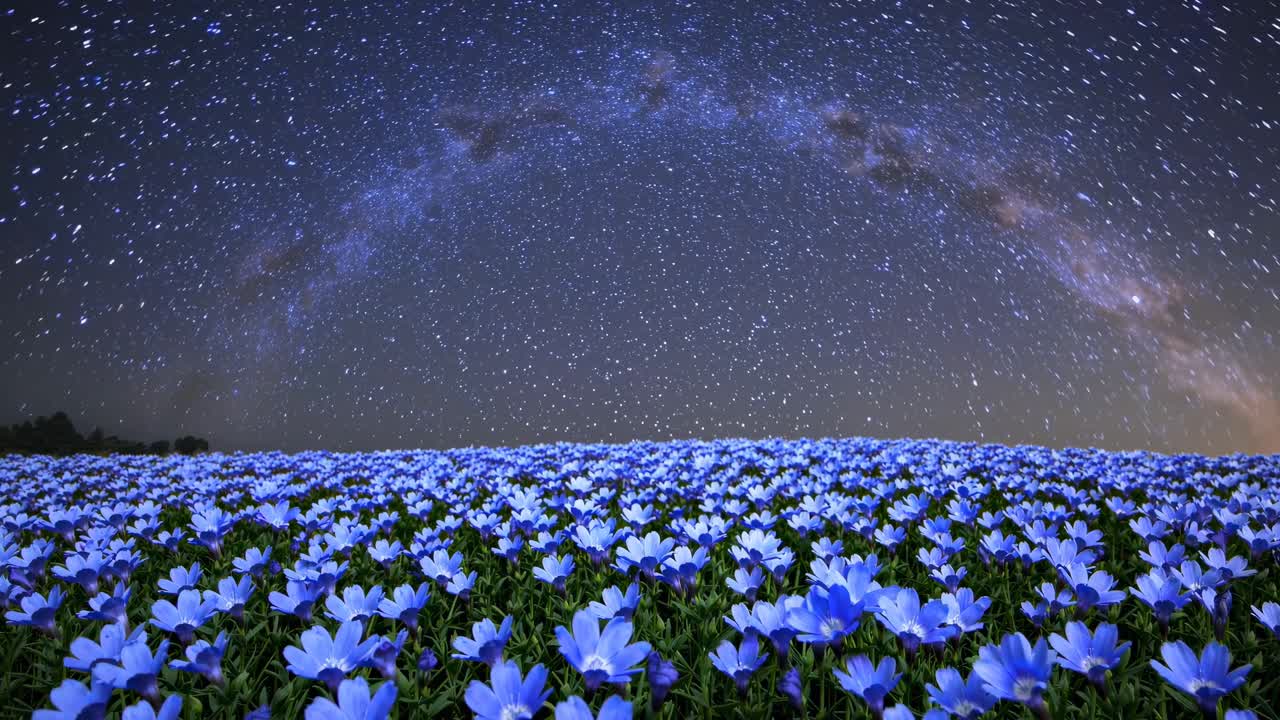 A wide-angle video captures a field of blue flowers under a starry night sky, showcasing a serene
