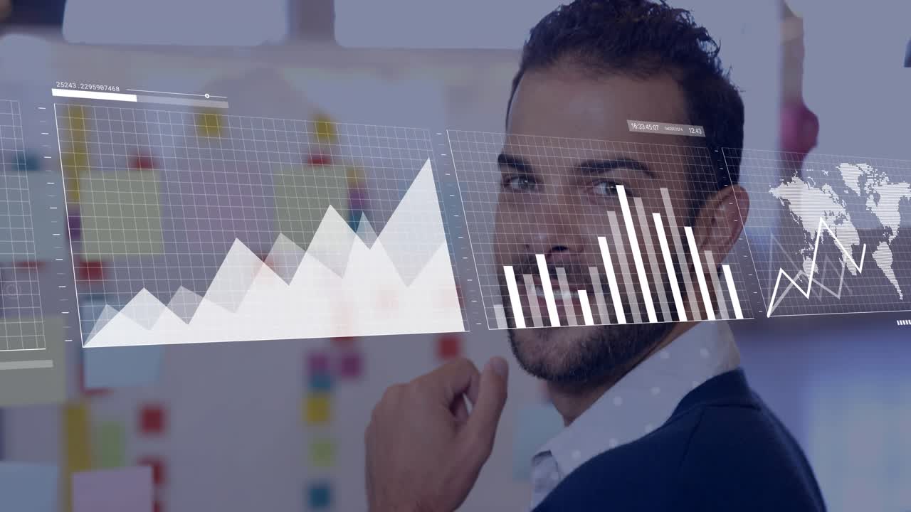 Man studying sticky-note board and tracking animated charts evolving for business insight