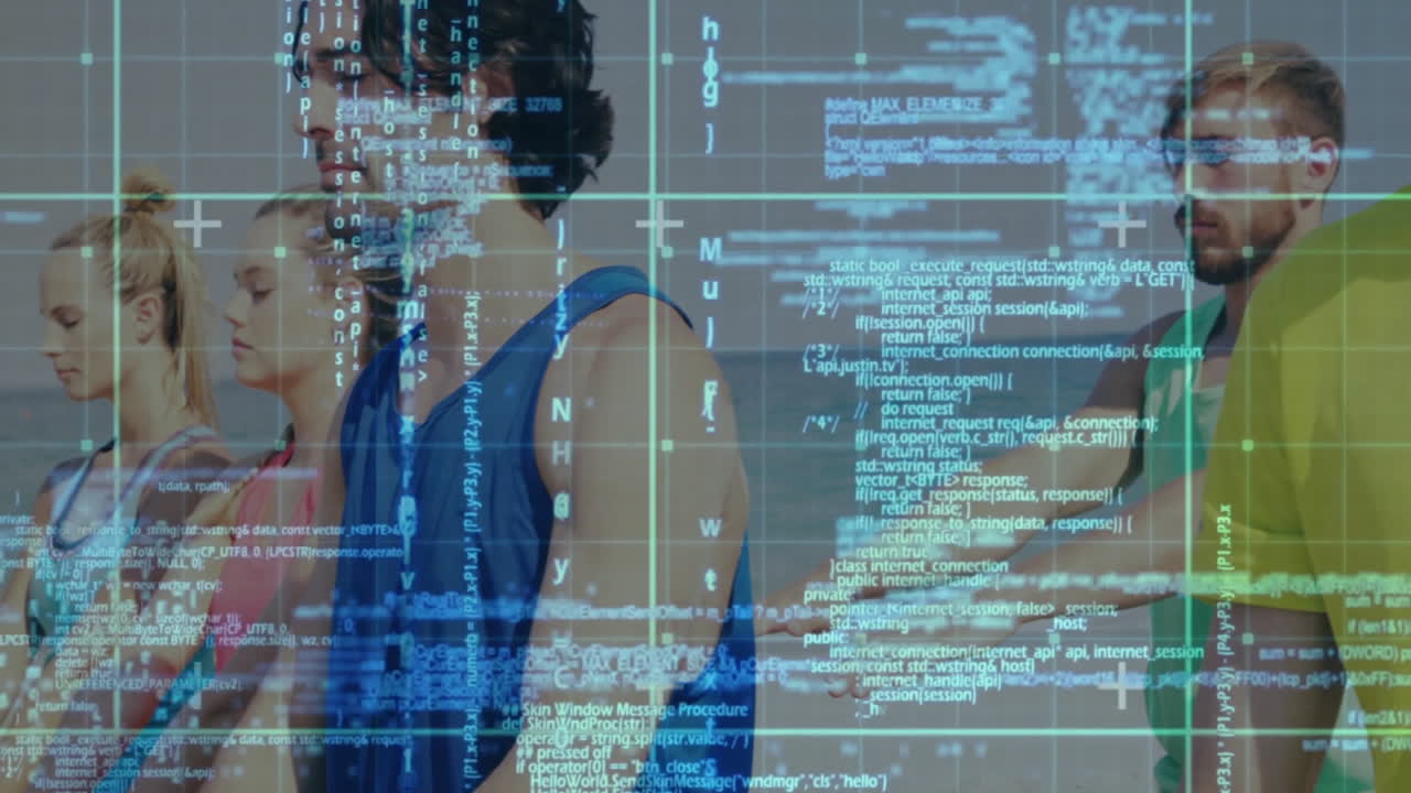 Preparing for race, athletes with animation of digital data overlay in stadium