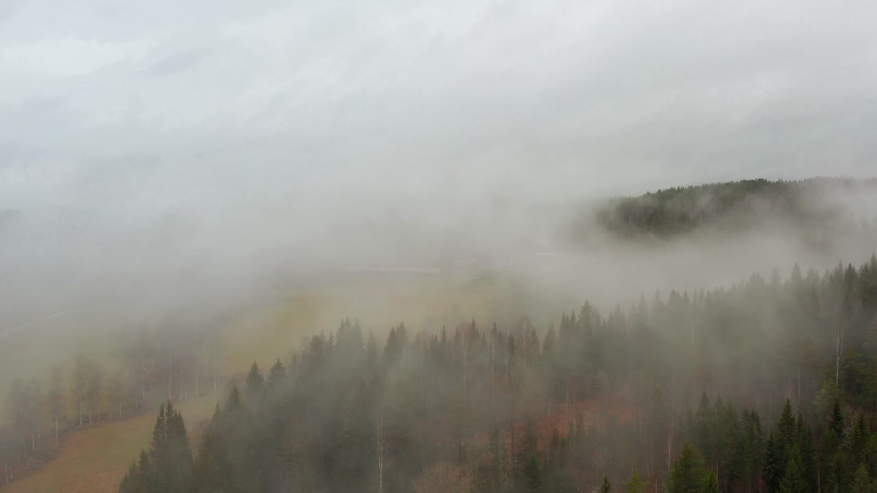 Fog going through the forest and hills of Sweden during winter. Aerial shot going backwards