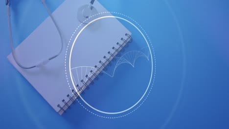 animación de la cadena de adn y el círculo sobre el cuaderno y el estetoscopio