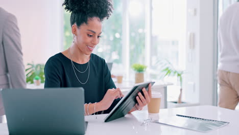tablet, office and woman surfing internet