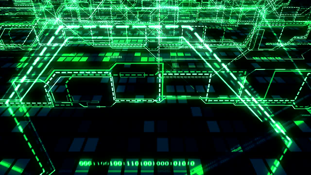 Dark tech abstract background - flying over the glowing circuits, wires, lines, connections and digital binary array, seamless loop