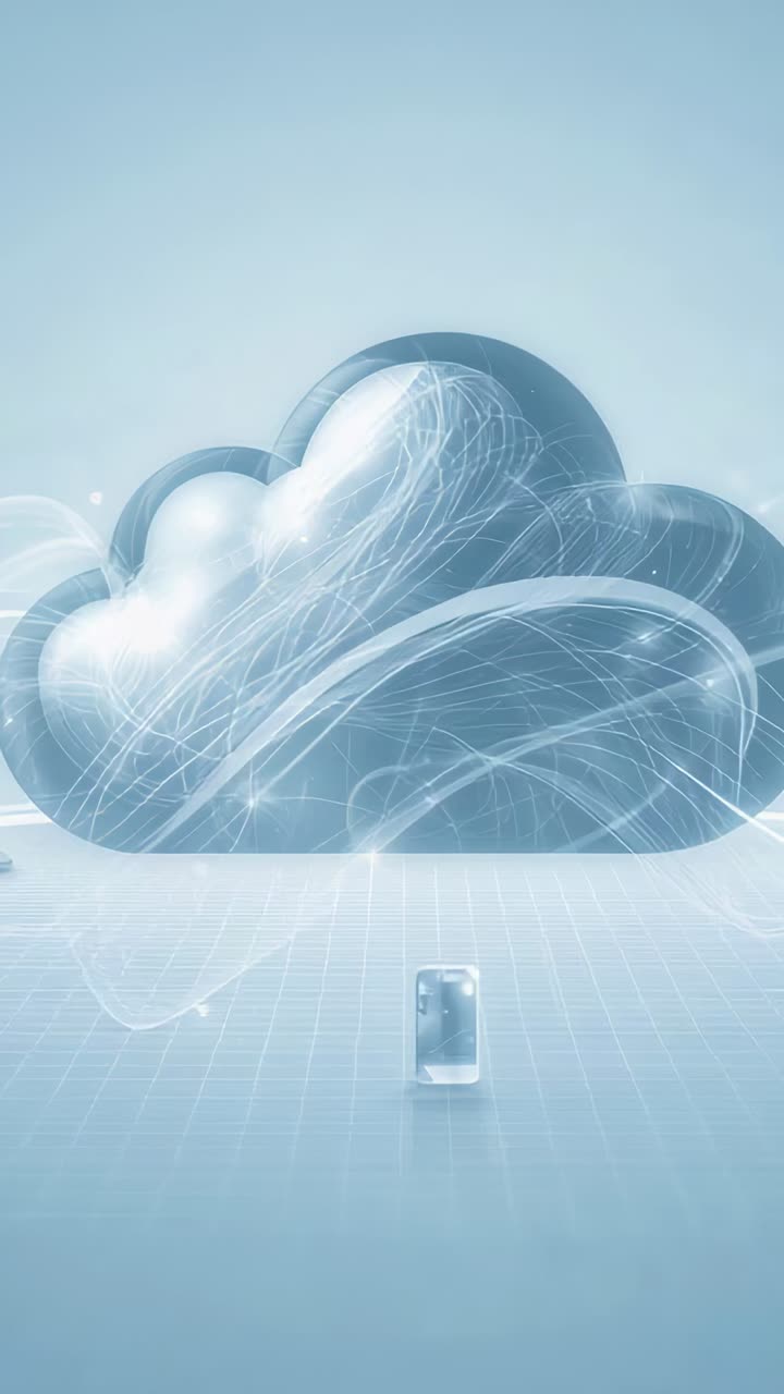 Vertical video: Sending phone emitting beam toward cloud above grid, syncing and forming ribbons