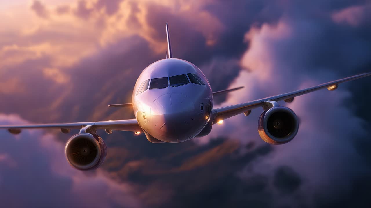 Un incredibile aereo che decolla al tramonto, circondato da nuvole suggestive, catturando l'essenza dell'aviazione moderna e dell'avventura nel cielo