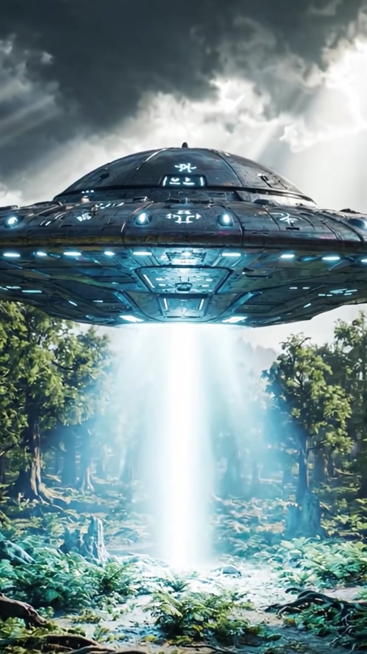 An Enigmatic UFO Descends in a Lush Forest Environment, Illuminating the Trees Beneath with an Otherworldly Light in a Mysterious Encounter with the Unknown