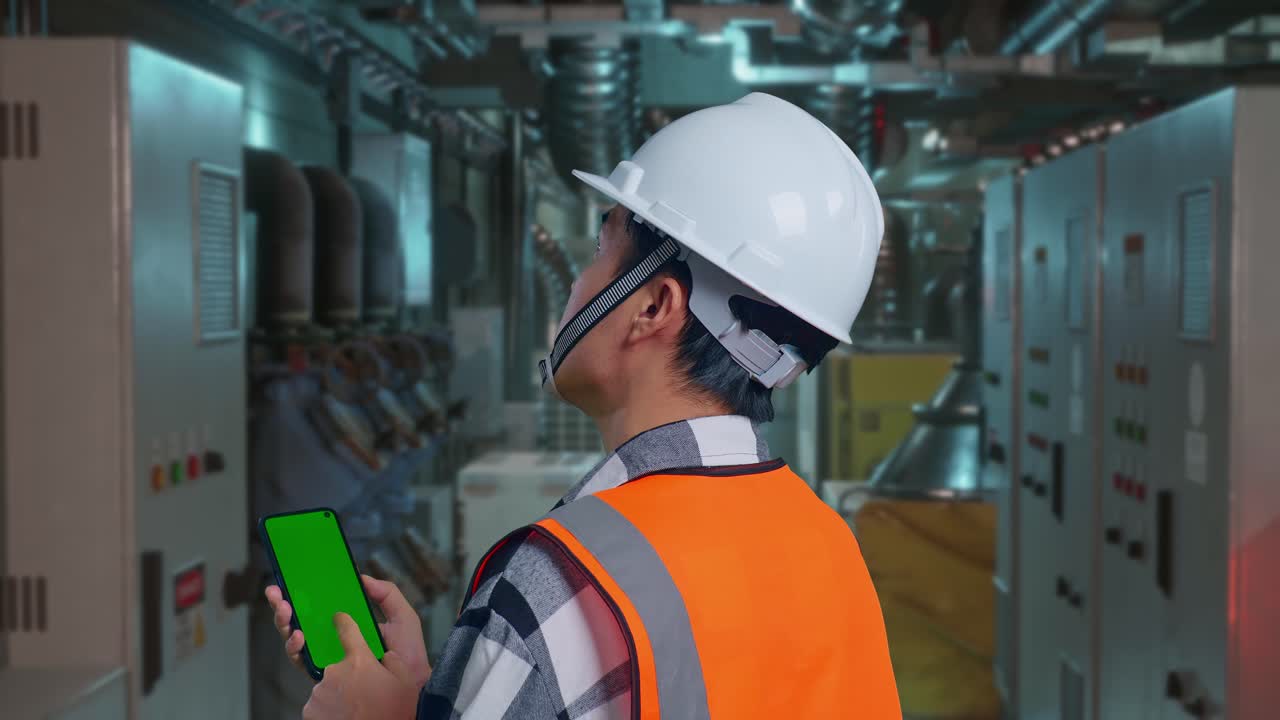 Close Up Back View Of Asian Male Engineer With Safety Helmet Working On A Green Screen Smartphone And Looking Around While Standing In Engine Control Room, Work Of Electrical Generators