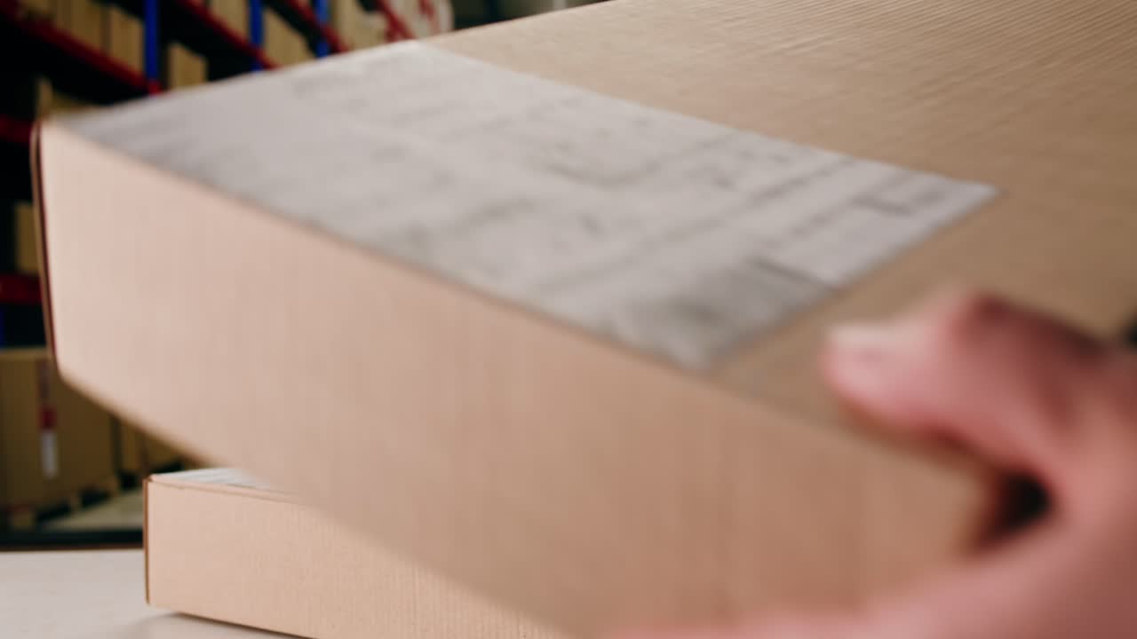 Scanner scan delivery box in storage, E-commerce shop, man packing goods and clothes second hand delivery market, courier Packaging and Shipping Workspace with Supplies and Technology, online sales.