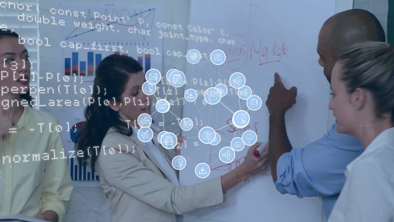 Animation of data processing and icons over diverse business people discussing work in office