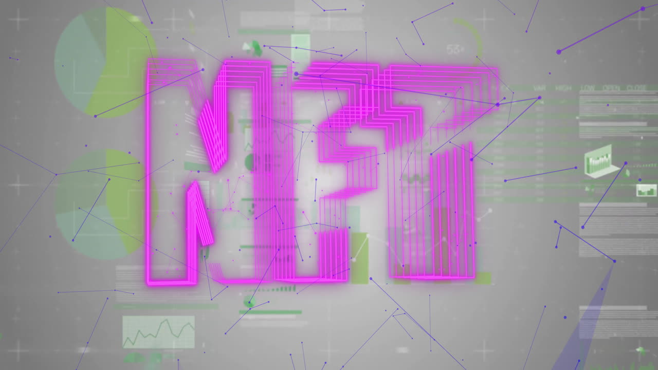 Neon-magenta geometric form rotating in data interface, displaying green charts and blue nodes