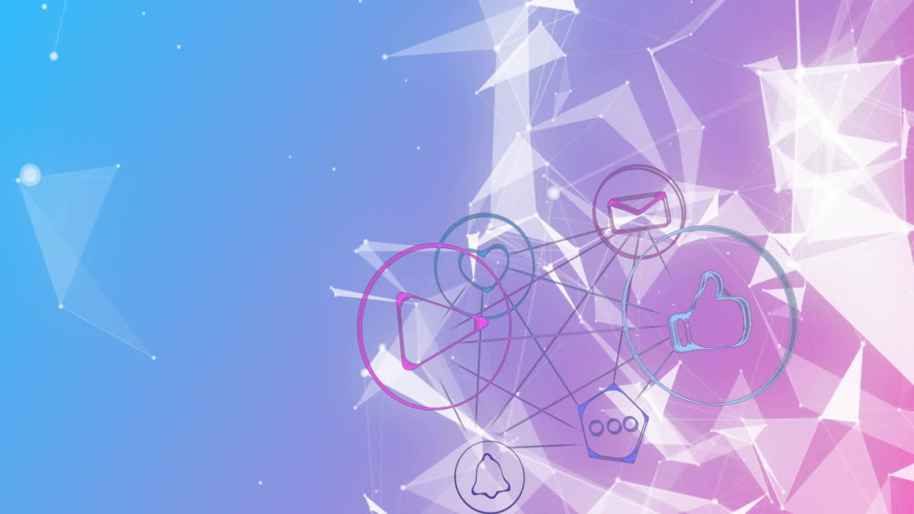 보라색 바탕에 소셜 미디어 아이콘으로 연결된 네트워크의 애니메이션