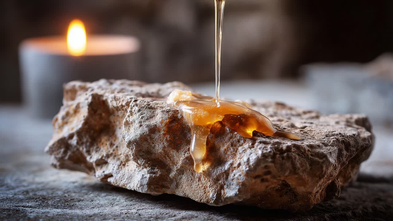 Resina ambrata dorata che gocciola da una pietra naturale con riflessi di luce di candela, catturando una serena ambientazione minimalista in toni e texture caldi e naturali