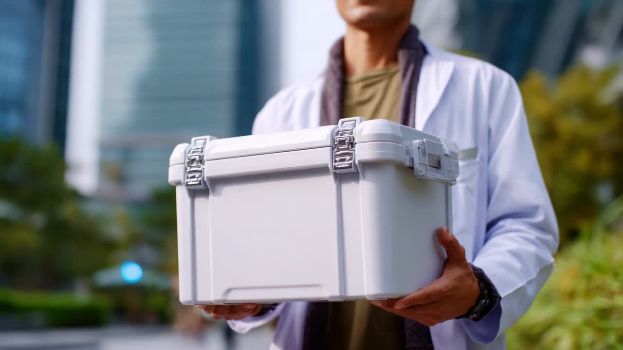 A medical professional or delivery person holding a white insulated box, possibly containing important materials, stands outdoors in an urban setting, showcasing the blend of health care and modern city life