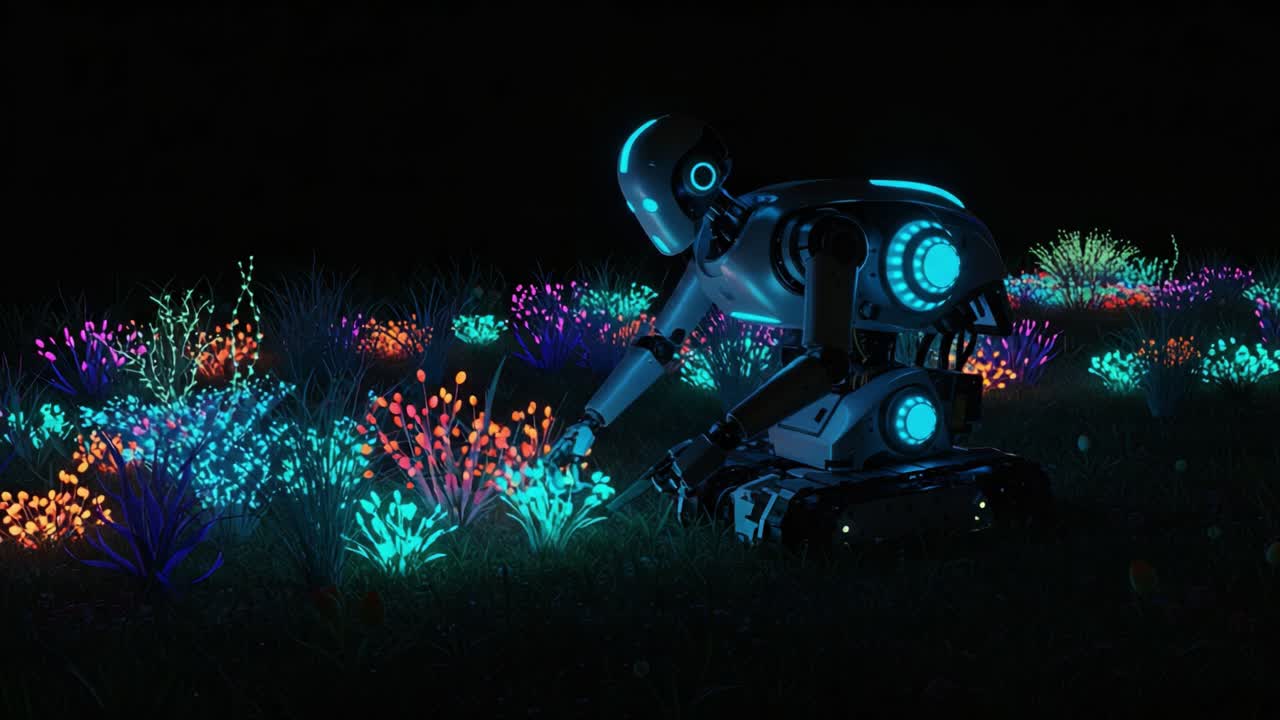 A futuristic robotic gardener carefully tending to vibrant, glowing flowers in a darkened landscape, showcasing the beauty of nature and technology coexisting harmoniously