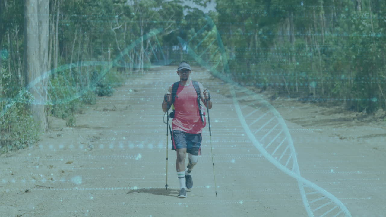 Escursione su strada sterrata, uomo con bastoncini da trekking su un'animazione di filamento di DNA