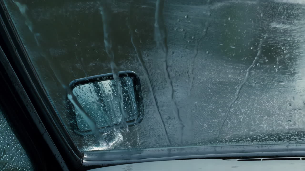Rain on car windshield and side mirror