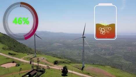 aerial view of powerful wind turbine farm for energy production