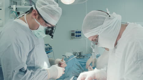 surgeon takes needle holders operating. surgical team performs surgery on heart attaching graft vessels to divert blood supply in operating room