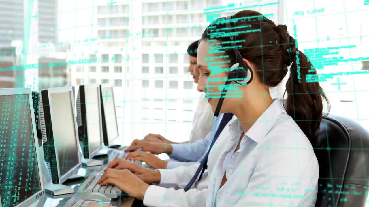 Animazione di elaborazione dati finanziari su persone che indossano cuffie telefoniche