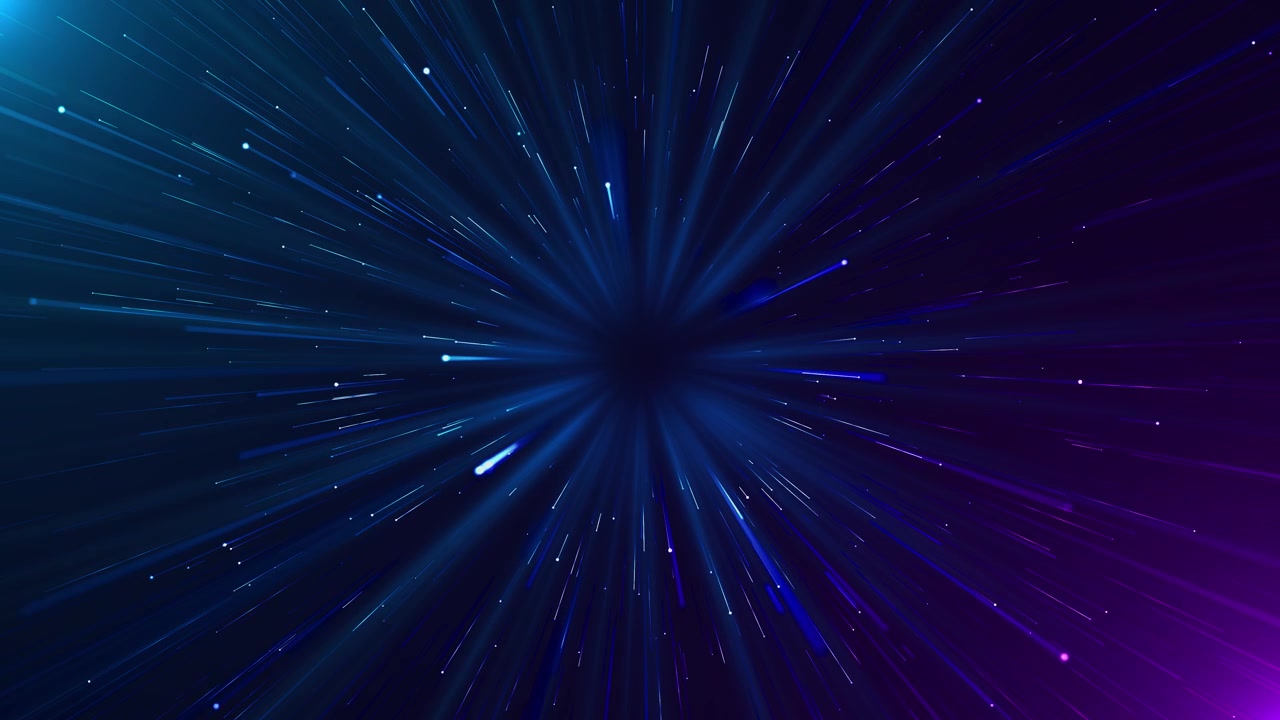 Cosmic light streak tunnel visual with blue and purple speed lines rushing into a dark center