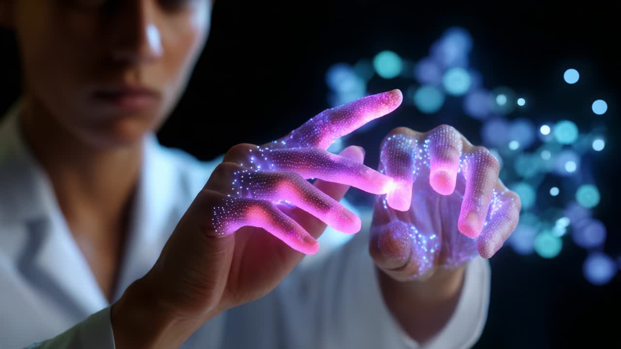 A Stunning Visual Representation of Innovation and Technology: A Close-Up of Hands Manipulating Light and Data Through Digital Interaction, Symbolizing the Future of Science and Creativity in a Unique Way