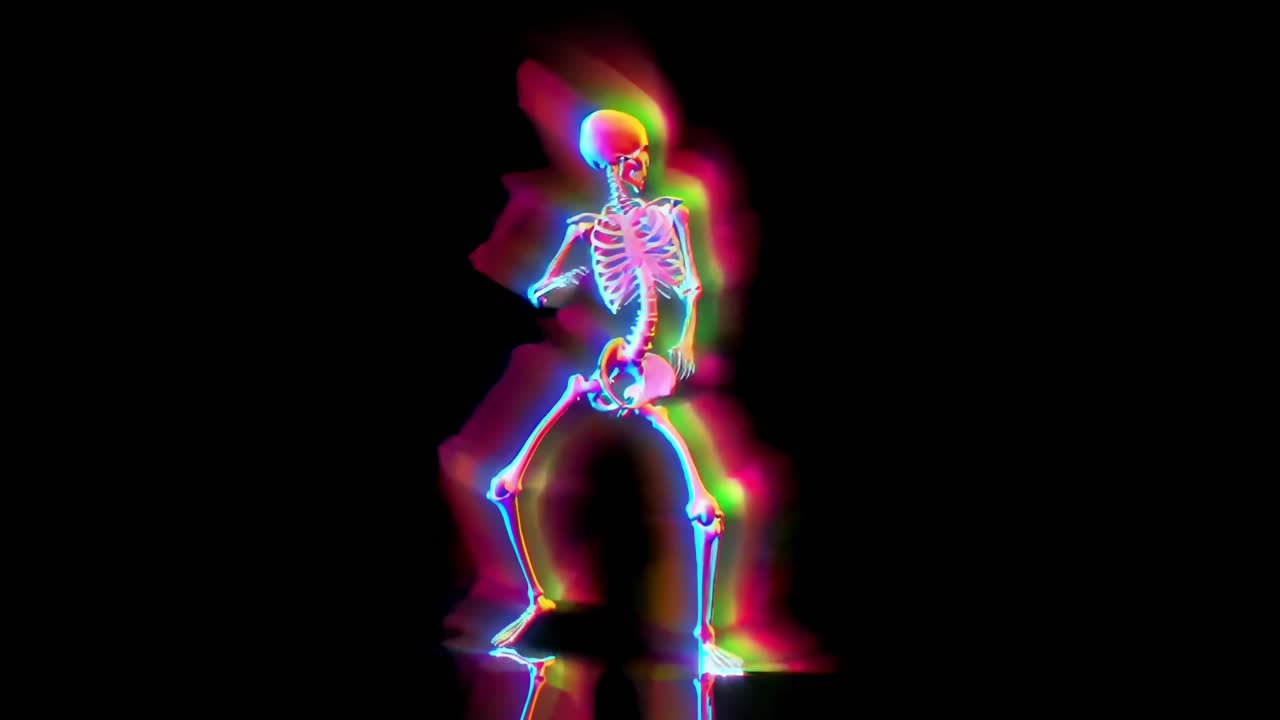 Uno scheletro neon vibrante danza energicamente in un video 3D, ripreso da un angolo frontale