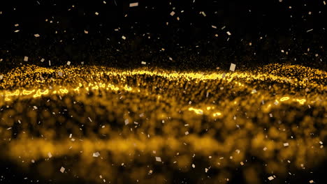 animation of gold confetti falling over gold moving wave