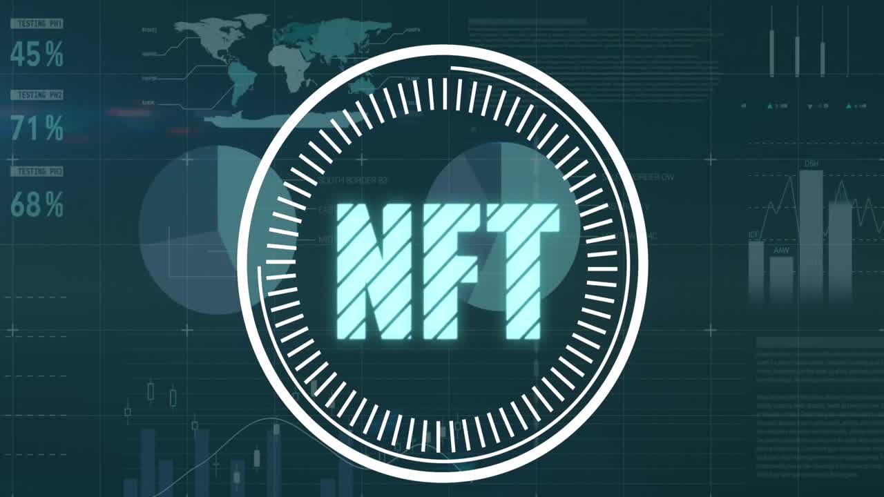 Animazione di scansione con testo NFT su elaborazione dati su sfondo nero