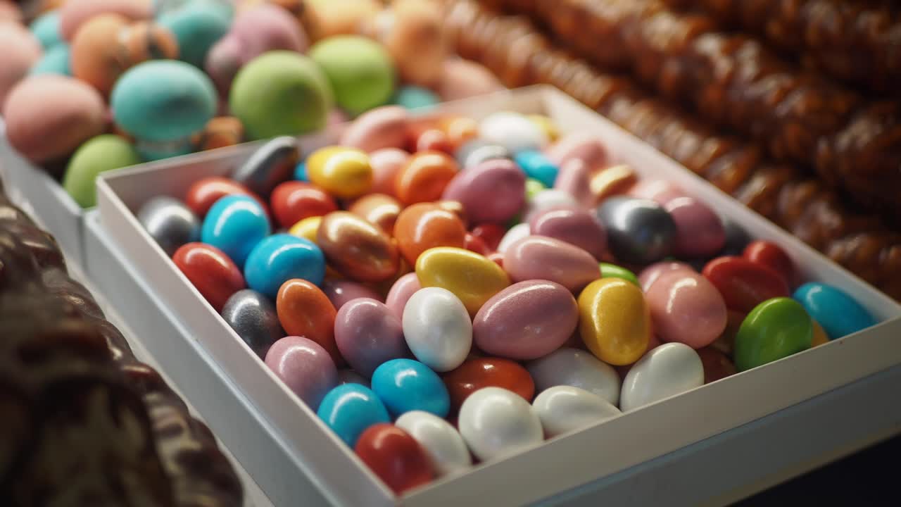 variedad de caramelos coloridos en forma de huevo en una caja