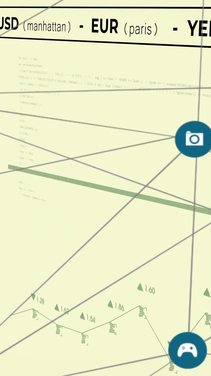 Animazione di una rete di connessioni con icone ed elaborazione dati su sfondo giallo.
