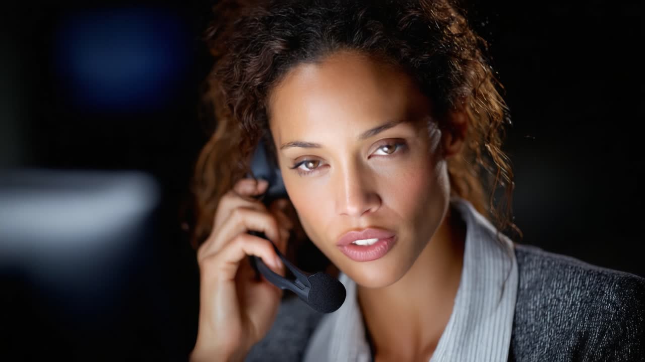 A focused female professional engaged in a serious conversation on the phone, showcasing determination and attentiveness in a dimly lit environment