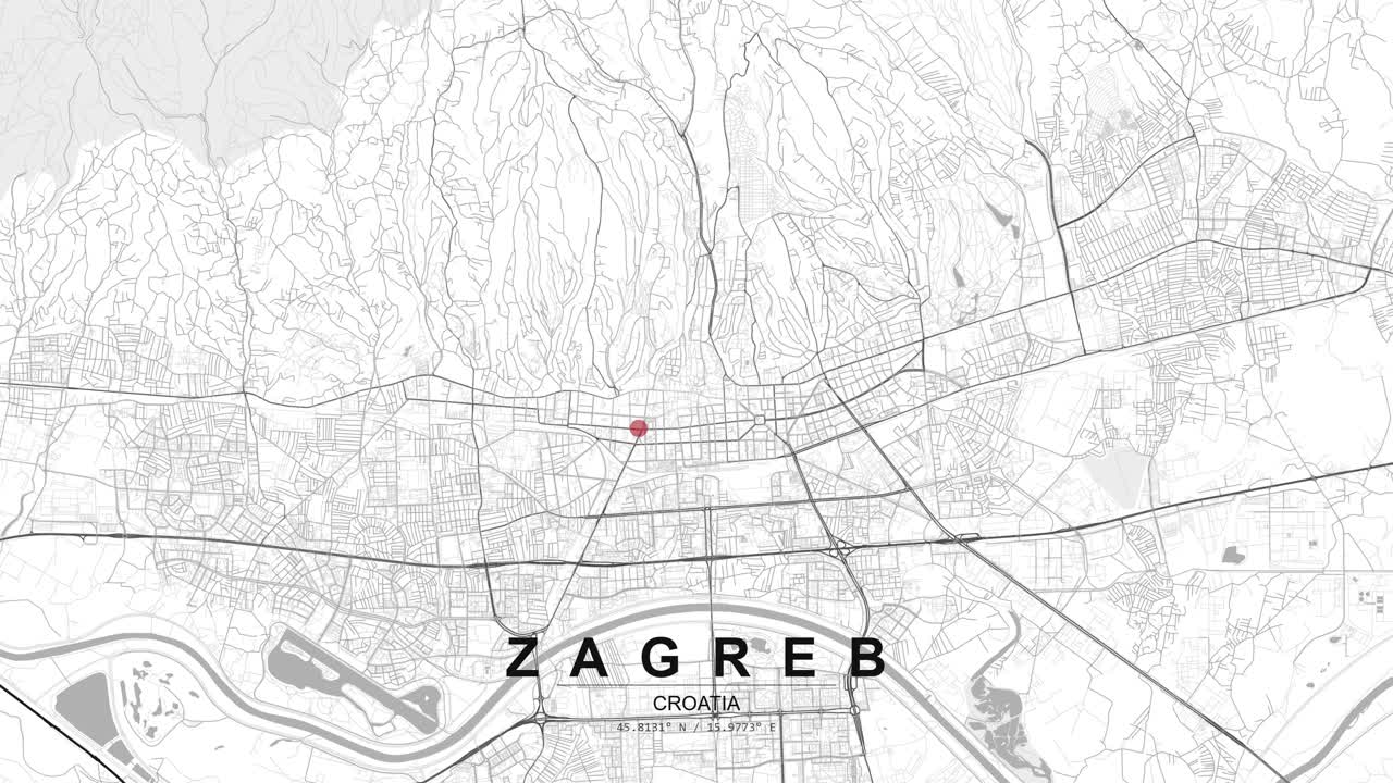 Detaljeret bykort over Zagreb, Kroatien, vist i lysegrå og hvid med en rød placeringsnål, der identificerer et specifikt sted i hovedstaden