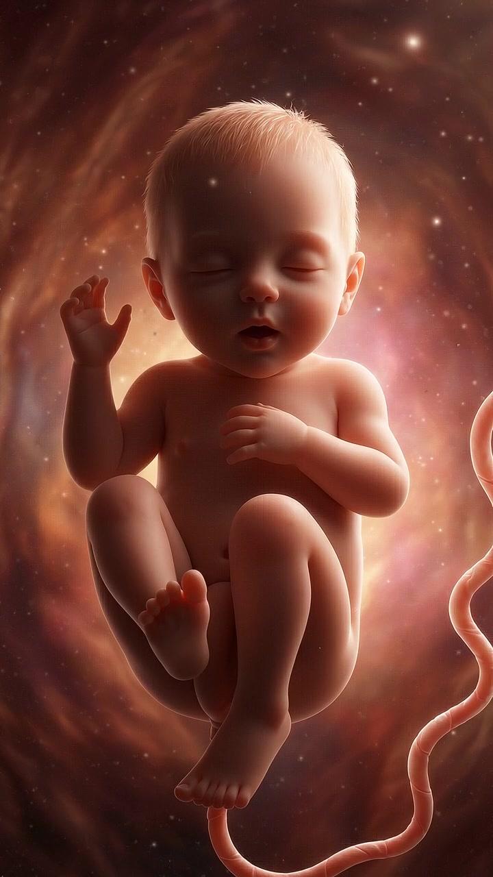 Render 3D verticale dello sviluppo del feto umano all'interno dell'ambiente uterino
