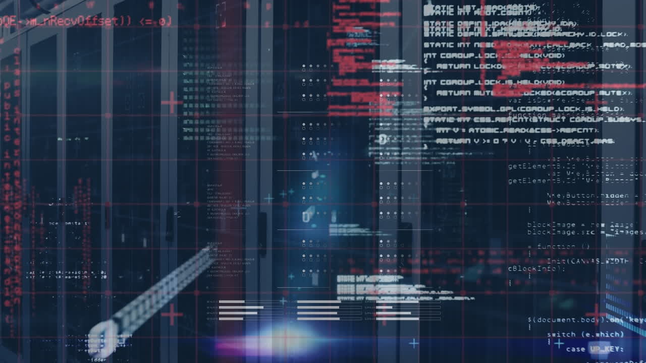 animación de códigos binarios, barras de carga y lenguaje informático en la sala del servidor