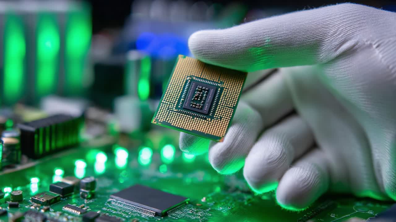 Close-Up of an Individual Holding a Microprocessor Above a Circuit Board: A Detailed View Showcasing the Intricate Design and Technology Behind Modern Computing Components