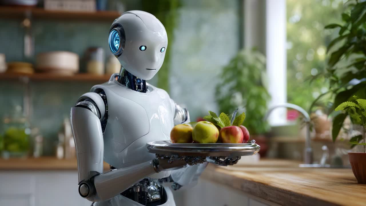 A futuristic kitchen scene featuring a humanoid robot carefully holding a tray of fresh apples, showcasing the intersection of technology and daily life