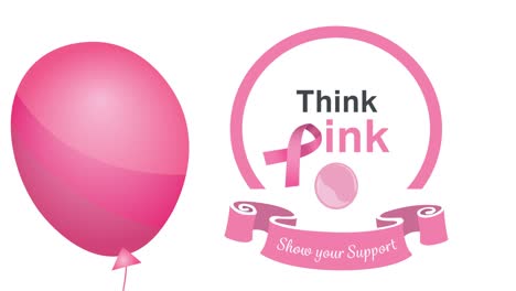 animation of flying pink balloon over pink ribbon logo and breast cancer text